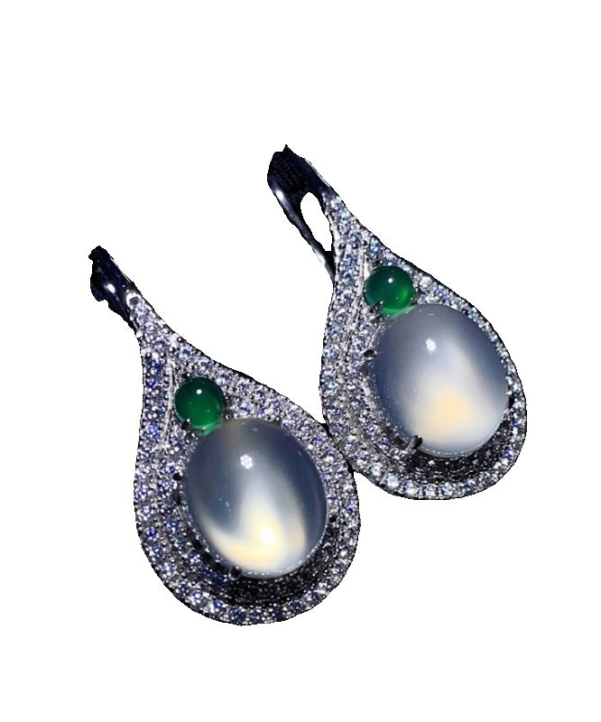 Women Silk Sterling Silver Inlaid Zircon Jade Stud Earrings AC1065 Genistyle Shop