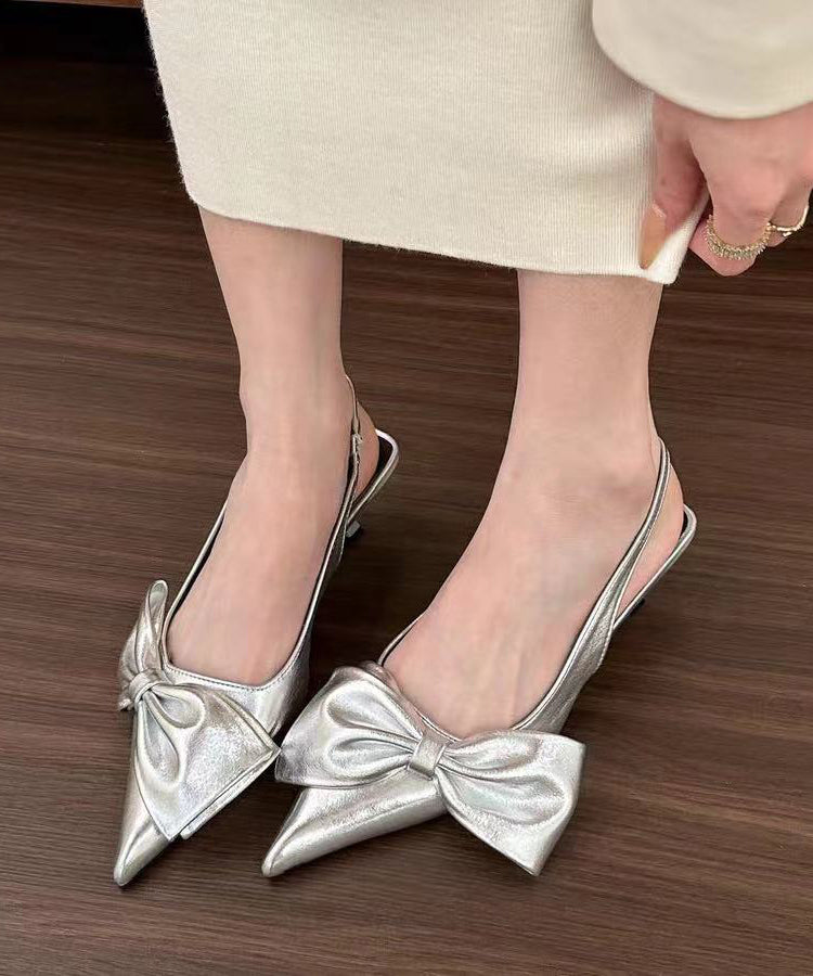 Women Silver Bow High Heel Sandals Pointed Toe Faux Leather KJ031 Shoe-LX240714