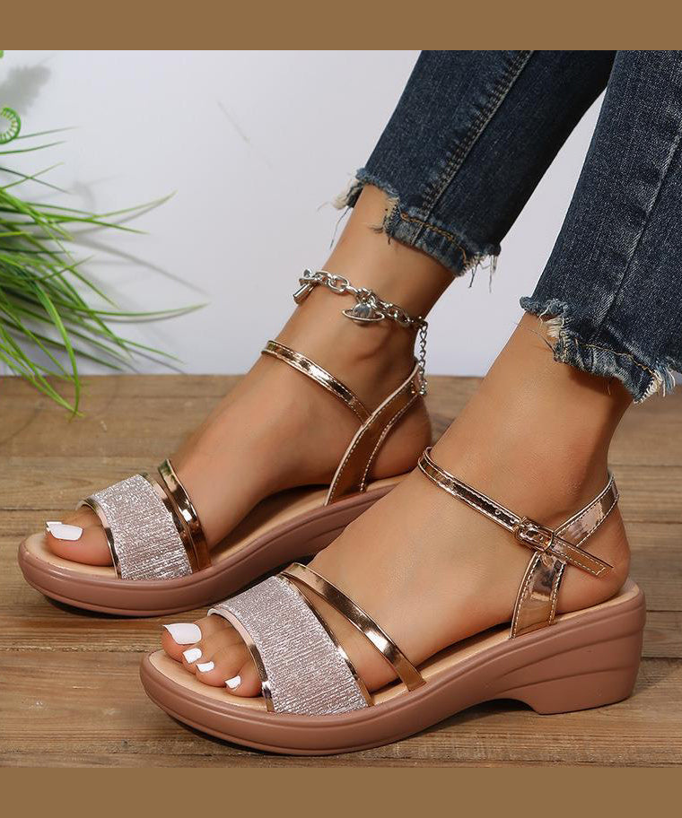 Women Silver Wedge Heels Sandals Peep Toe Buckle Strap Summer UU005 OM-XZ240821