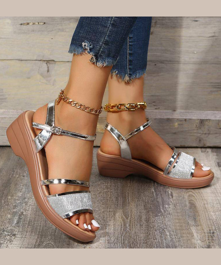 Women Silver Wedge Heels Sandals Peep Toe Buckle Strap Summer UU005 OM-XZ240821