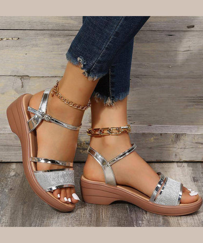 Women Silver Wedge Heels Sandals Peep Toe Buckle Strap Summer UU005 OM-XZ240821