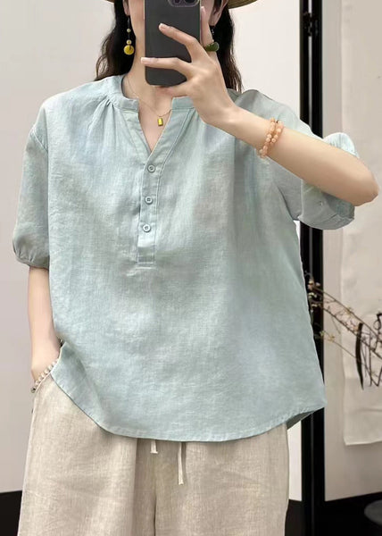 Women Loose Linen Shirt Button Solid Blue Sky FashionChic
