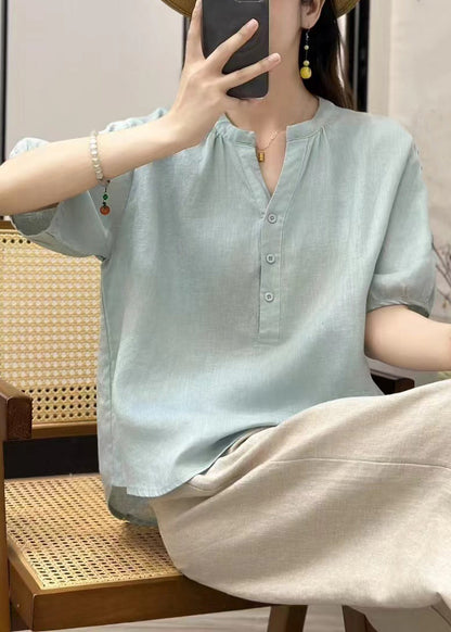 Women Loose Linen Shirt Button Solid Blue Sky FashionChic