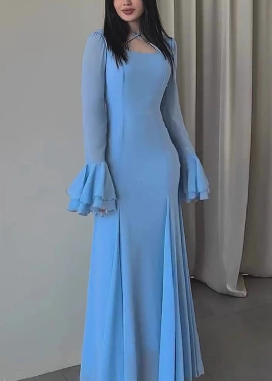 Women Slim Fit Blue U Neck Chiffon Maxi Dresses Butterfly Sleeve QL038 OM-ZS241023