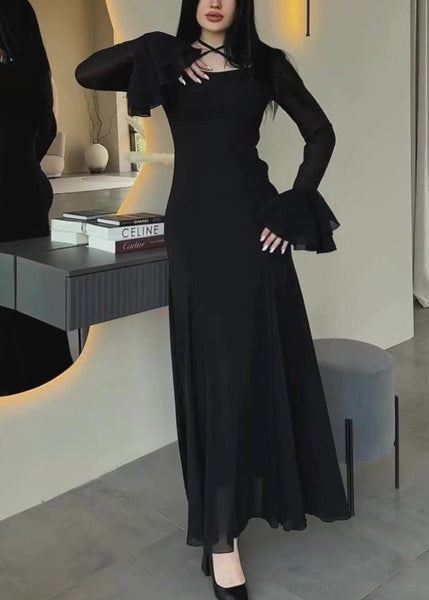 Women Slim Fit Blue U Neck Chiffon Maxi Dresses Butterfly Sleeve QL038 OM-ZS241023