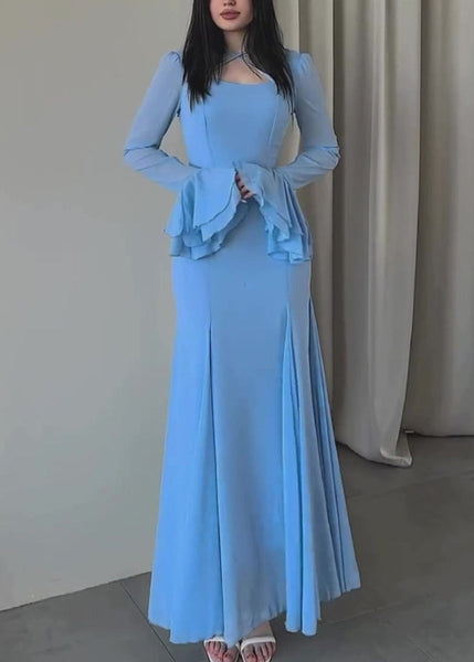 Women Slim Fit Blue U Neck Chiffon Maxi Dresses Butterfly Sleeve QL038 OM-ZS241023
