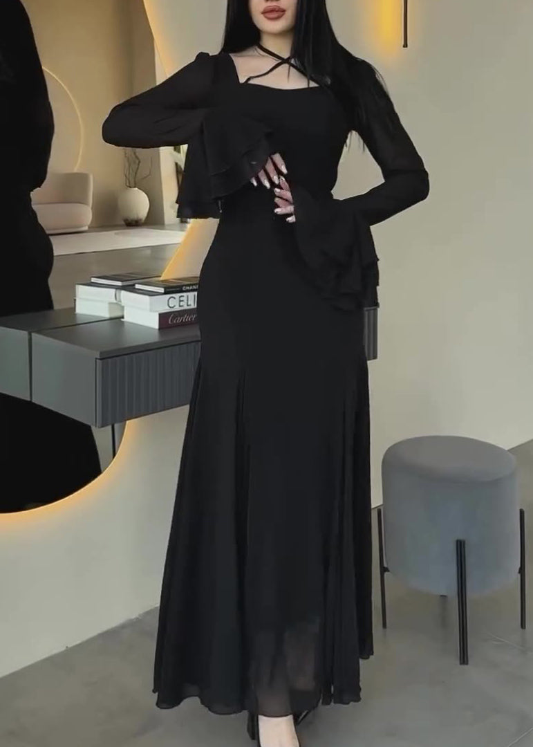 Women Slim Fit Blue U Neck Chiffon Maxi Dresses Butterfly Sleeve QL038 OM-ZS241023