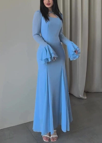 Women Slim Fit Blue U Neck Chiffon Maxi Dresses Butterfly Sleeve QL038 OM-ZS241023