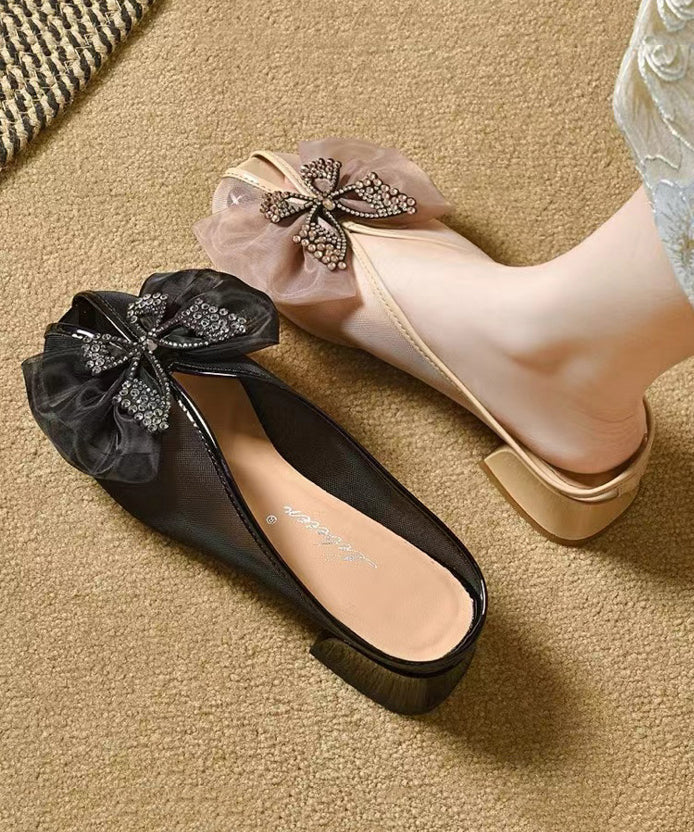 Women Splicing Chunky Black Tulle Bow Slide Sandals AA007 shoe-CS240815