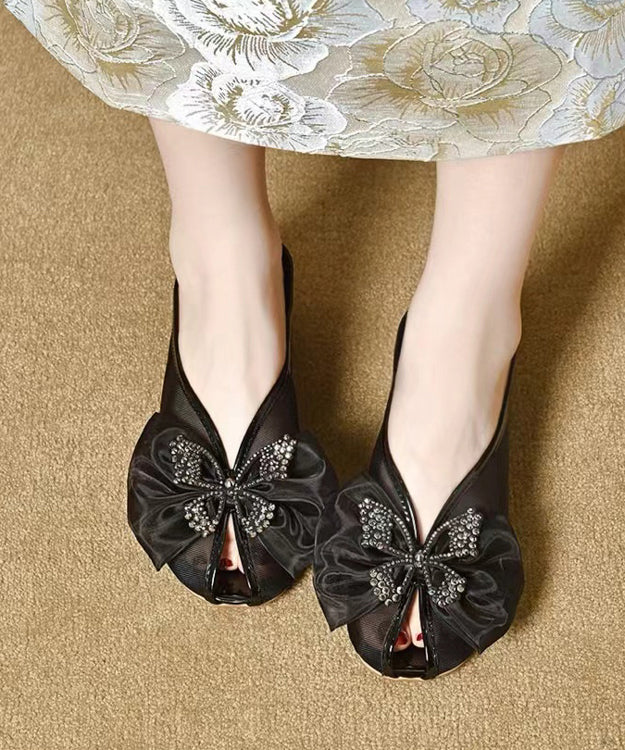 Women Splicing Chunky Black Tulle Bow Slide Sandals AA007 shoe-CS240815