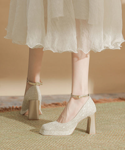 Leather Heels Champagne Splicing High Women Faux Chunky FashionChic