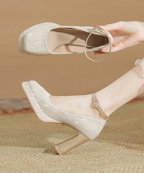 Leather Heels Champagne Splicing High Women Faux Chunky FashionChic