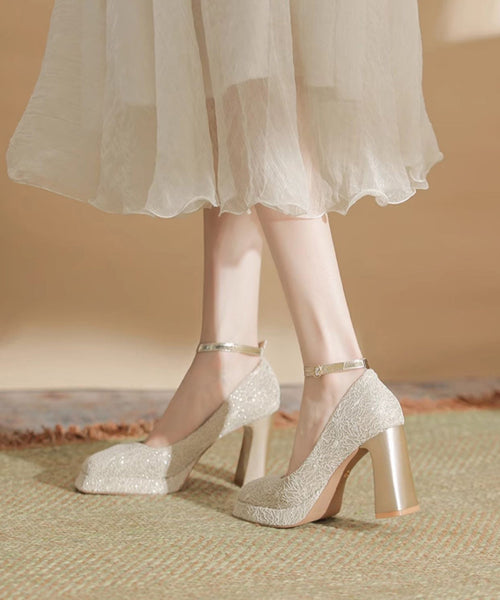 Leather Heels Champagne Splicing High Women Faux Chunky FashionChic