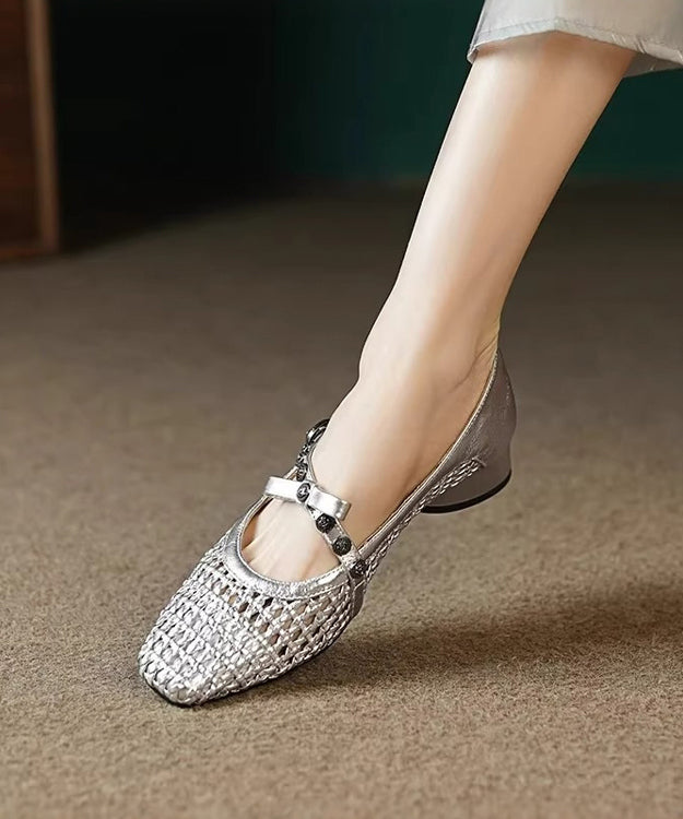 Splicing Faux Hollow Leather Out Chunky Shoes Black Women FashionChic
