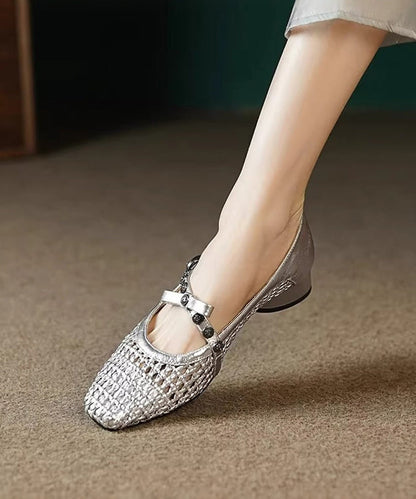 Splicing Faux Hollow Leather Out Chunky Shoes Black Women FashionChic
