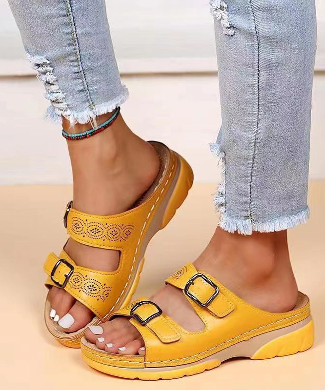 Women Splicing Wedge Yellow Slide Sandals Hollow Out Peep Toe UU016 OM-XZ240821