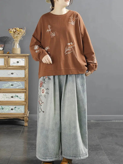 Women Spring Bird Embroidery Cotton Vintage Shirt Ada Fashion