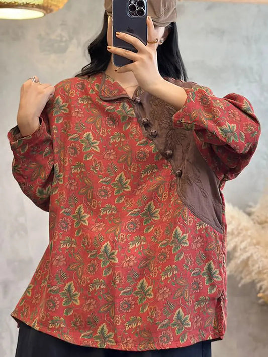 Women Spring Ethnic Floral Patchwork Buckle Linen Shirt Ada Fashion