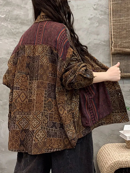 Women Spring Vintage Geometric Spliced Loose Shirt Ada Fashion