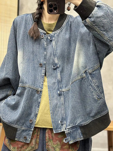 Women Spring Vintage Patchwork Washed Denim Coat Ada Fashion