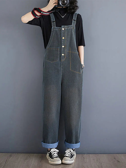 Women Spring Vintage Solid Asymmetrical Denim Jumpsuits Ada Fashion
