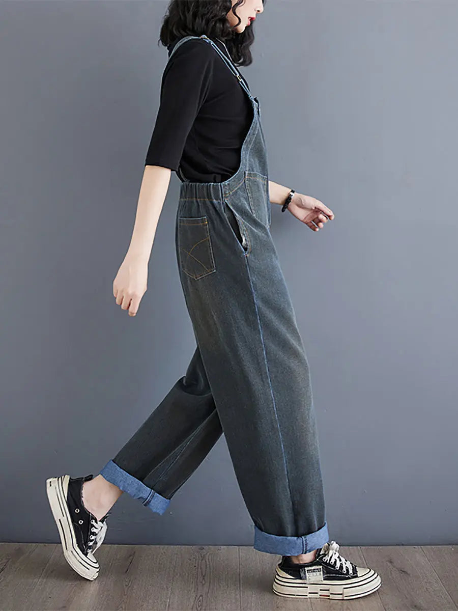 Women Spring Vintage Solid Asymmetrical Denim Jumpsuits Ada Fashion