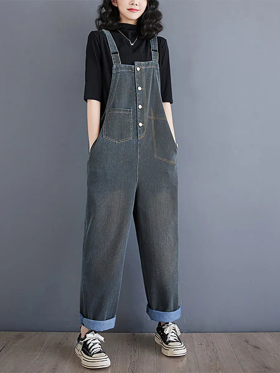 Women Spring Vintage Solid Asymmetrical Denim Jumpsuits Ada Fashion