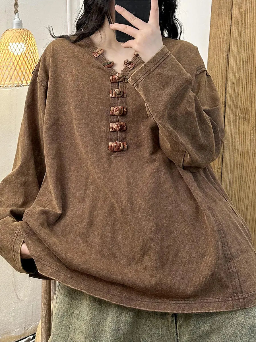 Women Spring Vintage Solid Bukle V-neck Cotton Shirt Ada Fashion