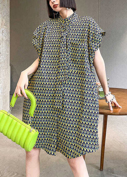 Collar Puff Women Day Sleeve Dress Cotton Stand Print FashionChic