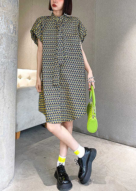 Collar Puff Women Day Sleeve Dress Cotton Stand Print FashionChic