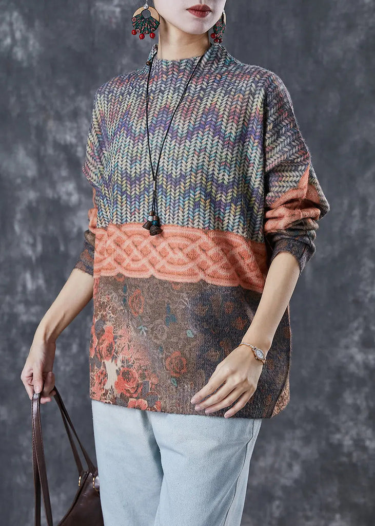 Women Stand Collar Print Warm Knitted Tops Winter Ada Fashion