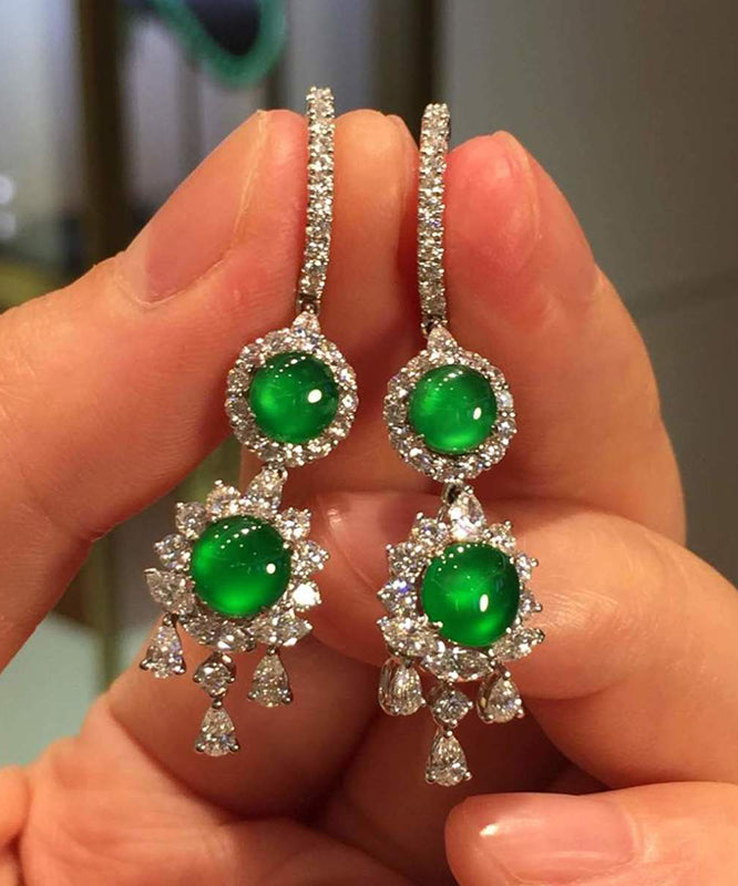 Women Sterling Silver Inlaid Zircon Jade Tassel Drop Earrings AC1037 Genistyle Shop