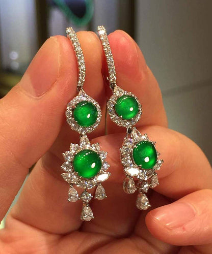 Women Sterling Silver Inlaid Zircon Jade Tassel Drop Earrings AC1037 Genistyle Shop