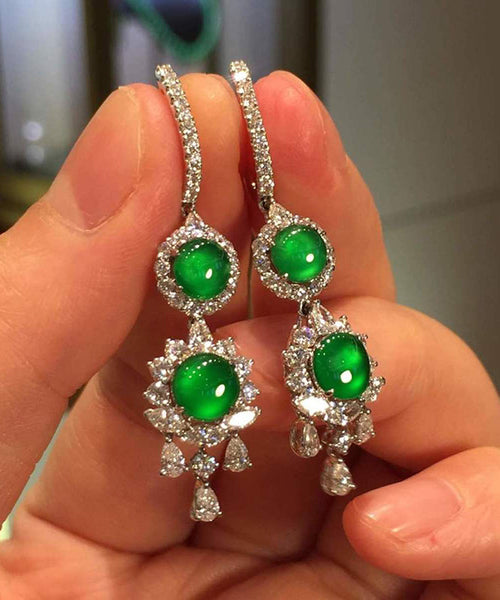 Women Sterling Silver Inlaid Zircon Jade Tassel Drop Earrings AC1037 Genistyle Shop
