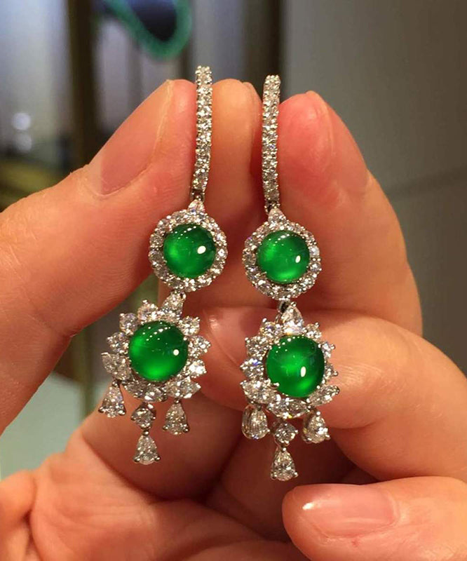 Women Sterling Silver Inlaid Zircon Jade Tassel Drop Earrings AC1037 Genistyle Shop