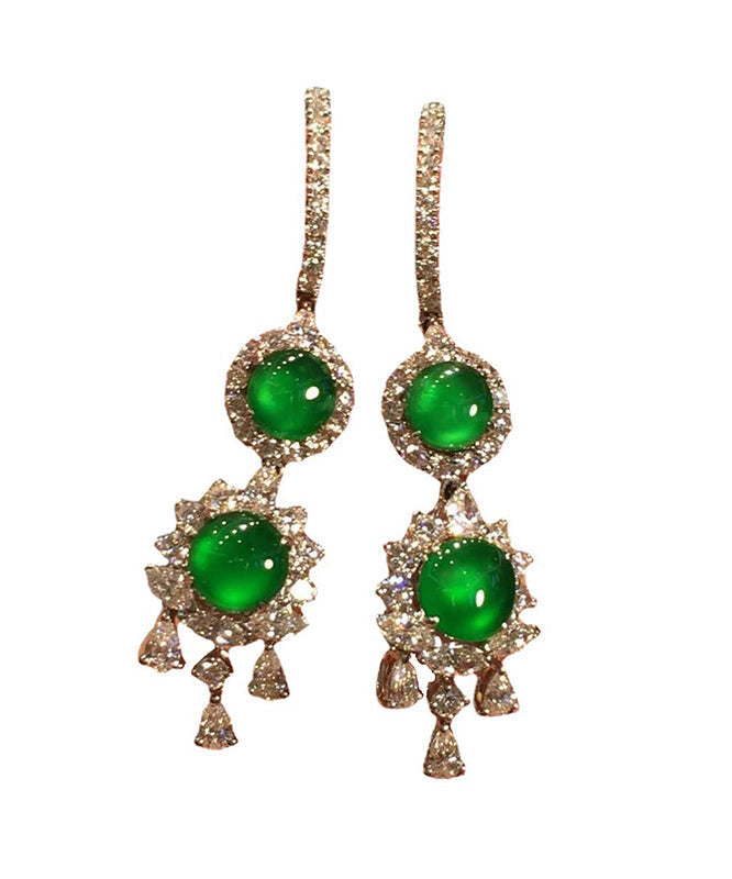 Women Sterling Silver Inlaid Zircon Jade Tassel Drop Earrings AC1037 Genistyle Shop