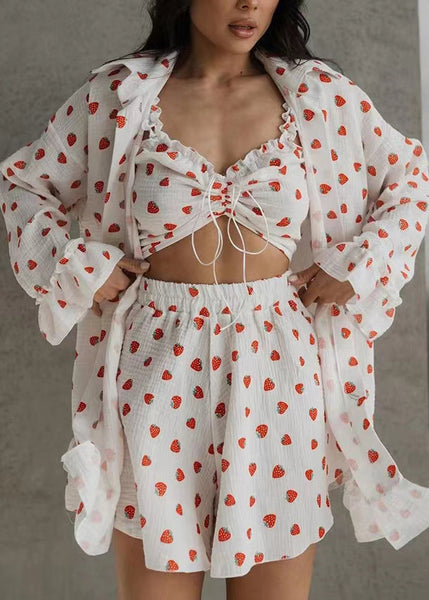 Pajama Women Pieces Print Strawberry Cotton Summer 3 Sets FashionChic
