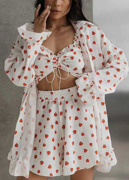 Pajama Women Pieces Print Strawberry Cotton Summer 3 Sets FashionChic