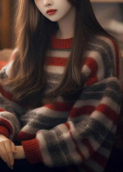 Women Striped O Neck Cozy Thick Knit Sweater Winter WX006 ABC