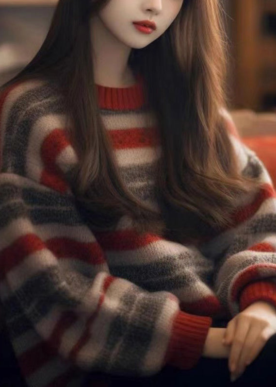 Women Striped O Neck Cozy Thick Knit Sweater Winter WX006 ABC