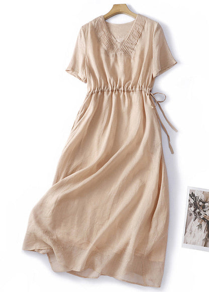 Women V Neck Lace Up Solid Linen Dress Summer GG040 MZF-SDL240610