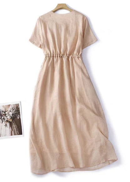 Women V Neck Lace Up Solid Linen Dress Summer GG040 MZF-SDL240610