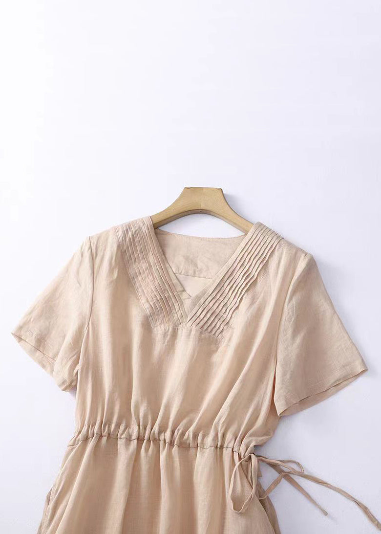 Women V Neck Lace Up Solid Linen Dress Summer GG040 MZF-SDL240610