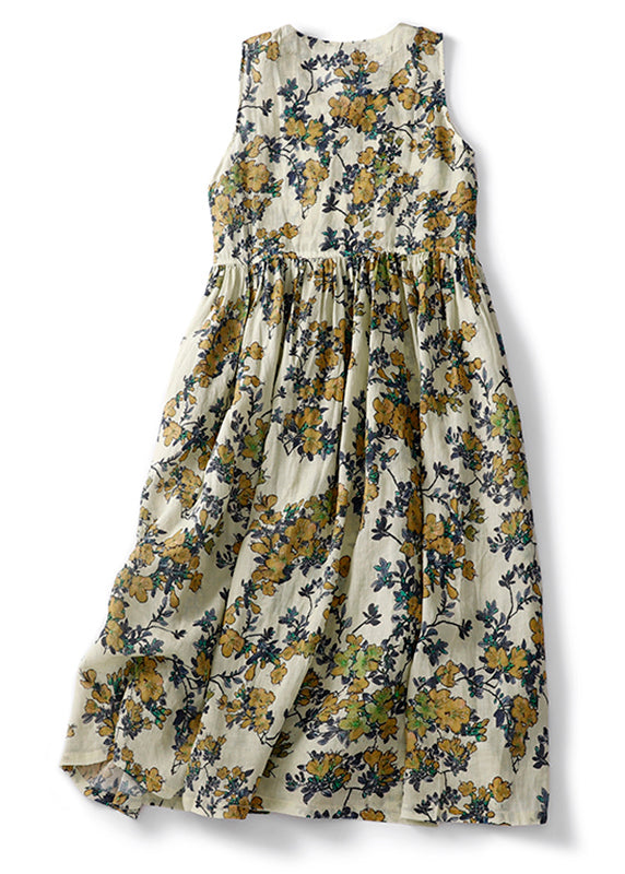 Women V Neck Print High Waist Linen Dresses Sleeveless GG006 MZF-SDL240610