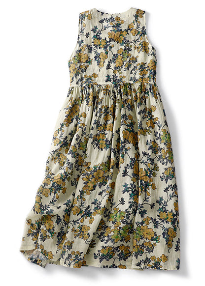 Women V Neck Print High Waist Linen Dresses Sleeveless GG006 MZF-SDL240610
