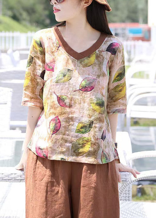 V Cotton Loose Summer Print Top Blouse Women Neck FashionChic