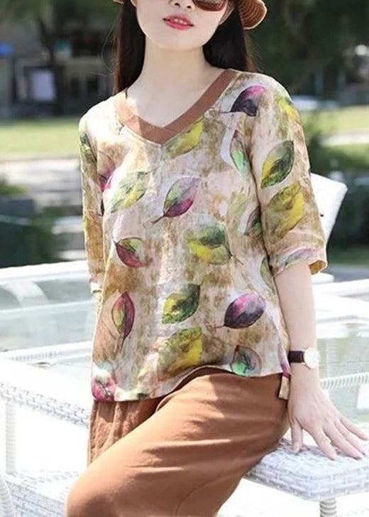 V Cotton Loose Summer Print Top Blouse Women Neck FashionChic
