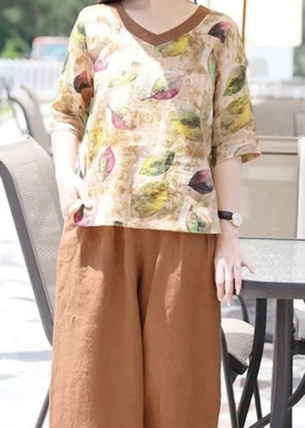 V Cotton Loose Summer Print Top Blouse Women Neck FashionChic