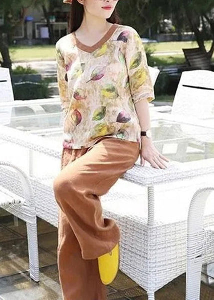 V Cotton Loose Summer Print Top Blouse Women Neck FashionChic