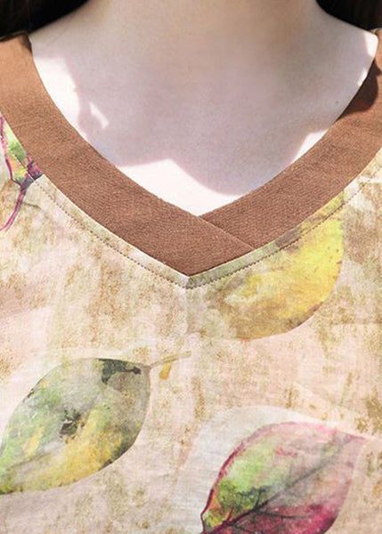 V Cotton Loose Summer Print Top Blouse Women Neck FashionChic